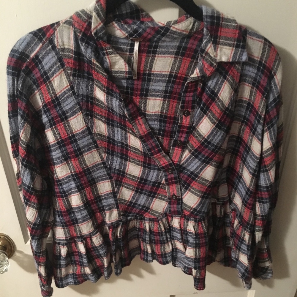 Free People red flannel button down ruffle blouse